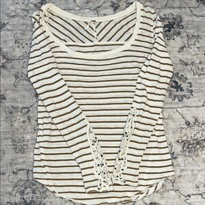 Free People Cream and Brown Striped Lace-Trim Long Sleeve Tee